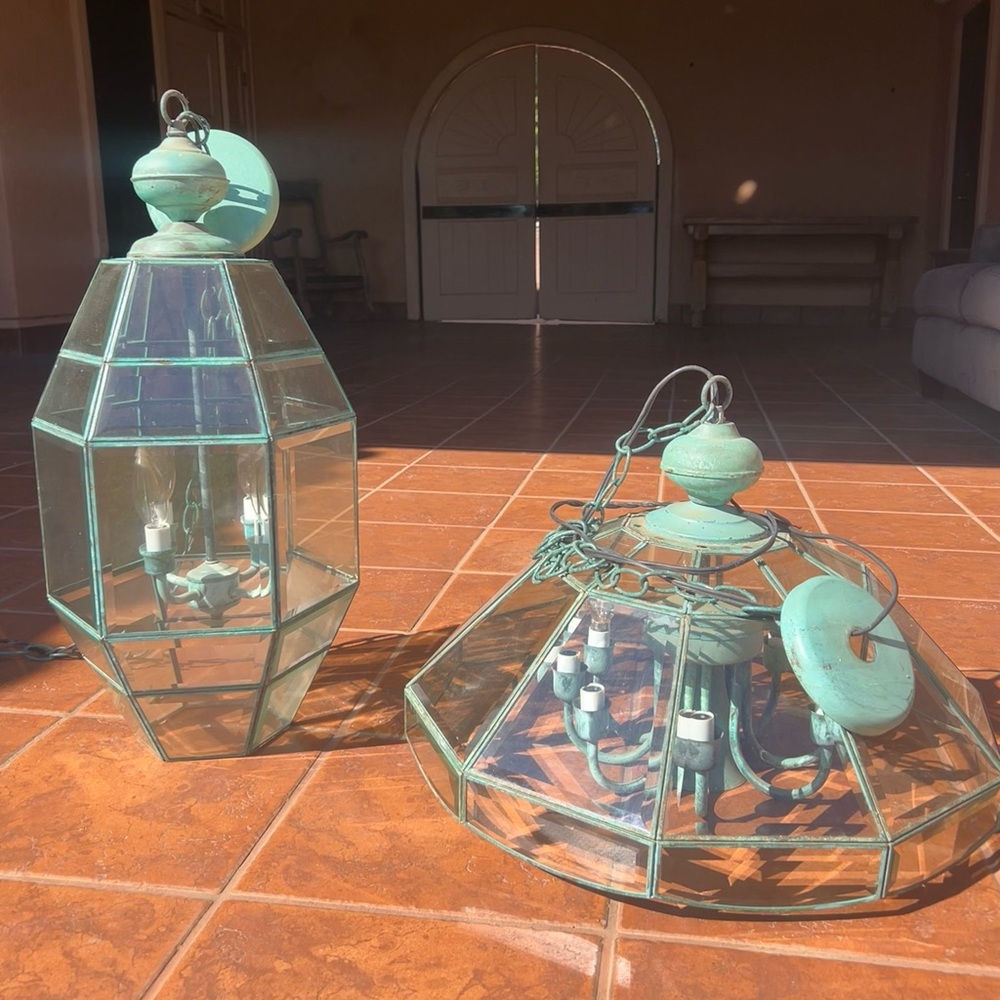 Antique-Style Turquoise Glass Pendant Lanterns - Set of 2